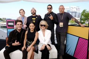 Linda Hamilton, Kevin Smith, Natalia Reyes, Diego Boneta, Tim Miller, Gabriel Luna, and Mackenzie Davis at an event for 