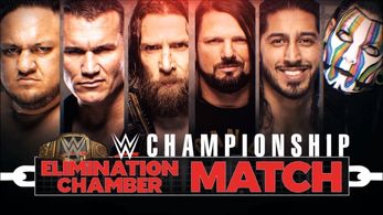 Jeff Hardy, A.J. Styles, Randy Orton, Bryan Danielson, Joe Seanoa, and Adeel Alam in WWE Elimination Chamber (2019)
