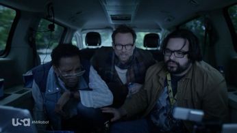 Ron Cephas Jones, Christian Slater, and Azhar Khan in USA's Mr. Robot.