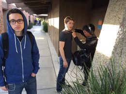 Actors Mendel Fogelman & Nicholas Clark on set of Tracks.