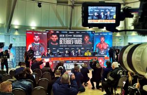 Bob Arum, Anthony Yarde, Dev Sahni, Tunde Ajayi, Frank Warren, Marc Ramsay, and Artur Beterbiev in BT Sport Fight Night 