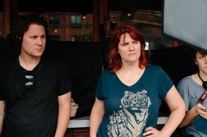 Jason Cortlund and Julia Halperin on the set of BARRACUDA