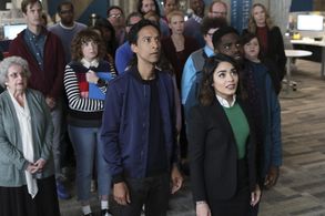 Christina Kirk, Jesse Heiman, Vanessa Hudgens, Josh Breeding, Danny Pudi, Ron Funches, and Jennie Pierson in Powerless (