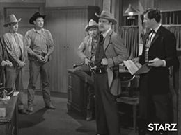 Douglas Fowley, Pete Kellett, Dennis Moore, Hugh O'Brian, and Morgan Woodward in The Life and Legend of Wyatt Earp (1955