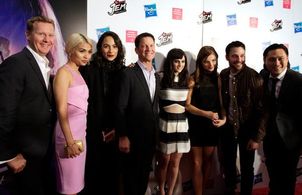 Jon M. Chu, Ryan Landels, Brian Goldner, Stefanie Scott, Aubrey Peeples, Hayley Kiyoko, and Aurora Perrineau in Jem and 