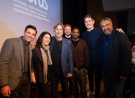 Panelists gather onstage post-panel at WGA's Beyond Words 2019