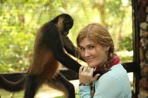 Natalia Reagan with a former pet spider monkey, Cantinflas outside of Pedasi, Panama.