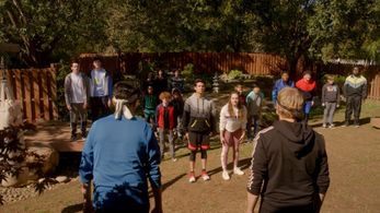 Ralph Macchio, William Zabka, Mary Mouser, Jacob Bertrand, Gianni DeCenzo, Xolo Maridueña, and Owen Morgan in Cobra Kai: