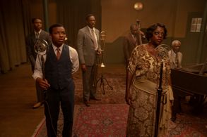 Viola Davis, Colman Domingo, Michael Potts, Glynn Turman, Chadwick Boseman, and Dusan Brown in Ma Rainey's Black Bottom 