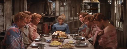 Jane Powell, Jacques d'Amboise, Matt Mattox, Marc Platt, Tommy Rall, Jeff Richards, and Russ Tamblyn in Seven Brides for