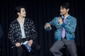 Mile Phakphum Romsaithong and Apo Nattawin Wattanagitiphat at an event for Man Suang (2023)