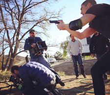 Director Prince Bagdasarian, DP Jason Goodell, with actor Daniel Josev