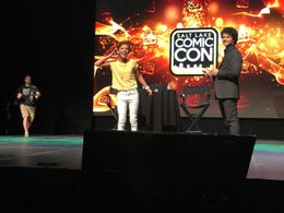 Actor Gabriel Monroe Eckert and Millie Bobby Brown star of Stranger Things at a panel at Salt Lake Comic Con.