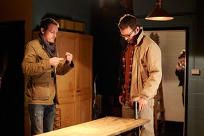 Nick Rhys and Matthew Butler on the set of Two Down