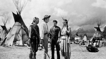 Kirk Douglas, Arthur Hunnicutt, Dewey Martin, and Elizabeth Threatt in The Big Sky (1952)