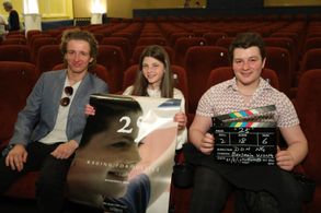 (L-R) Actor Euan Alexander, child actress Elizabeth Beattie and Jacob Pettifer pose with film poster before the premiere