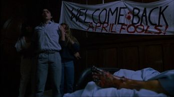 Kelly Baker, Carmine Iannaccone, and Caroline Munro in Slaughter High (1986)