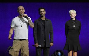 Tom Hardy, Michelle Williams, and Riz Ahmed at an event for Venom (2018)