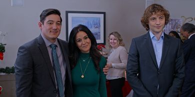 Emmanuelle Chriqui, Josh Whitehouse, and Scott Ryan Yamamura in The Knight Before Christmas (2019)