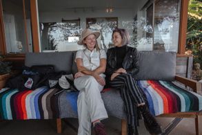 Between takes: director and producer.