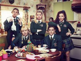 Nicola Coughlan, Dylan Llewellyn, Louisa Harland, Jamie-Lee O'Donnell, and Saoirse-Monica Jackson in Derry Girls (2018)