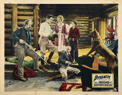 Edmund Cobb, Gloria Grey, Gladden James, Billy 'Red' Jones, Frank Rice, and Dynamite the Dog in The Hound of Silver Cree