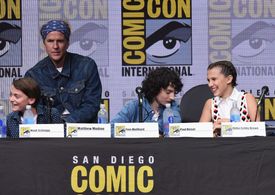 Matthew Modine, Millie Bobby Brown, Finn Wolfhard, and Noah Schnapp at an event for Stranger Things (2016)