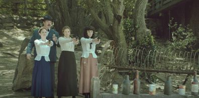 Michael Coleman, Elizabeth Olsen, Rachel Bilson, and Maria Blasucci in Drunk History (2013)