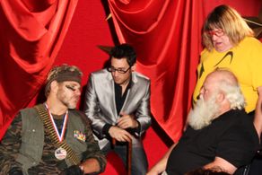 Jason Lockhart directing Martin Kove, Eloyd Ray and Bruce Vilanch on set of Hotel Arthritis