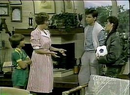 Randy Josselyn, David Kaufman, Carol Mansell, and Kyle Richards in Down to Earth (1984)