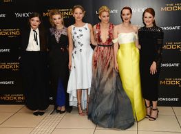 Julianne Moore, Elizabeth Banks, Jena Malone, Natalie Dormer, Jennifer Lawrence, and Lorde at an event for The Hunger Ga