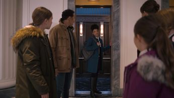 Aasif Mandvi, Midanah Penda, Katja Herbers, Brooklyn Shuck, Skylar Gray, and Dalya Knapp in Evil: E Is for Elevator (202