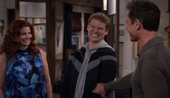 Peter Graham, Debra Messing & Eric McCormack in Bi-Plane (Will & Grace)