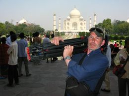 Director Luke Campbell on location at the Taj Mahal for An Idiot Abroad series 1