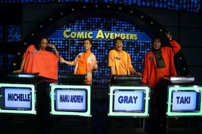 Taki Nerona, Andrew De Real, Michelle O'Bombshell, and Franco Nerona in Family Feud Philippines (2022)