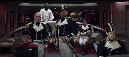 Michael Dorn, Jonathan Frakes, Marina Sirtis, Brent Spiner, Patrick Stewart, and Tracee Cocco in Star Trek: Generations 
