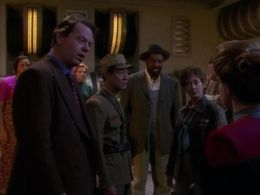 Kate Mulgrew, Sharon Lawrence, David Graf, James Saito, and Mel Winkler in Star Trek: Voyager (1995)