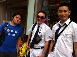 Behind the scenes photo of Chung Dha Lam, Joe Fiorello, and Jae Leung on the set of Fast Love (2012)