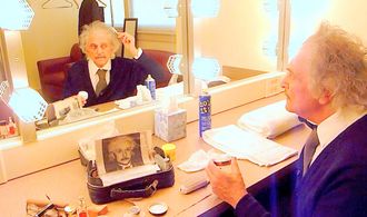 ED METZGER touches-up make-up preparing for theater one-man show, ALBERT EINSTEIN: THE PRACTICAL BOHEMIAN.