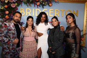 Shobu Kapoor, Kal Penn, Versha Sharma, Maitreyi Ramakrishnan, Lilly Singh, Theresa Godly, and Simone Ashley at an event 