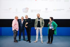 Brian O'Malley, Liam Cunningham, Brendan McCarthy and John McDonell at the Irish premiere of Let Us Prey, JDIFF 2015.