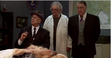 ED METZGER in FDR: AMERICAN BADASS. Ed Metzger as EINSTEIN (in middle). Barry Bostwick as FDR (in wheel chair). Bruce Mc