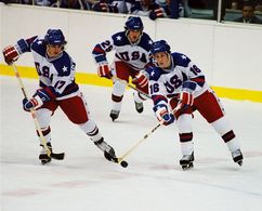 Jack O'Callahan (Michael Mantenuto, left),Buzz Schneider (Billy Schneider, center),and Mark Pavelich (Chris Koch, righ