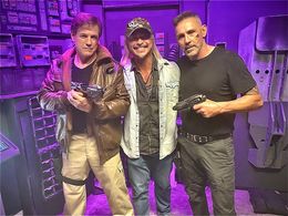 Michael Pare, paul gunn and Olivier Gruner on the set of Space Hunters: The search for Deepstar.