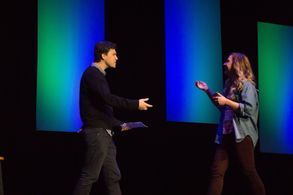 Rebecca doing a stand up show with Colin Jost