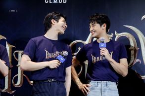 Mile Phakphum Romsaithong and Apo Nattawin Wattanagitiphat at an event for Man Suang (2023)