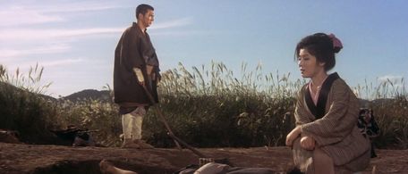 Reiko Fujiwara and Shintarô Katsu in Zatoichi on the Road (1963)