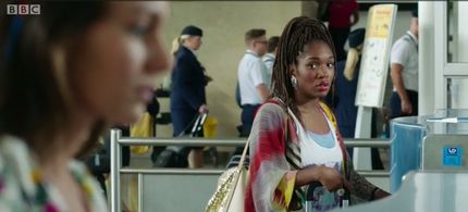 Viv at the airport in bbc1 comedy drama Ordinary Lies