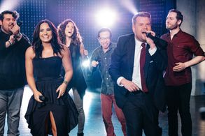 Kenton Chen Demi Lovato and a cappella group Level perform the Diva Riff-Off with James Corden during The Late Late Sho