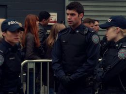 Charlotte Sullivan, Missy Peregrym, and Travis Milne in Rookie Blue (2010)